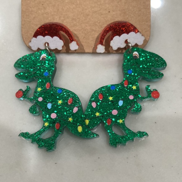 Christmas Dinosaurs Earrings - NEW - Picture 3 of 3
